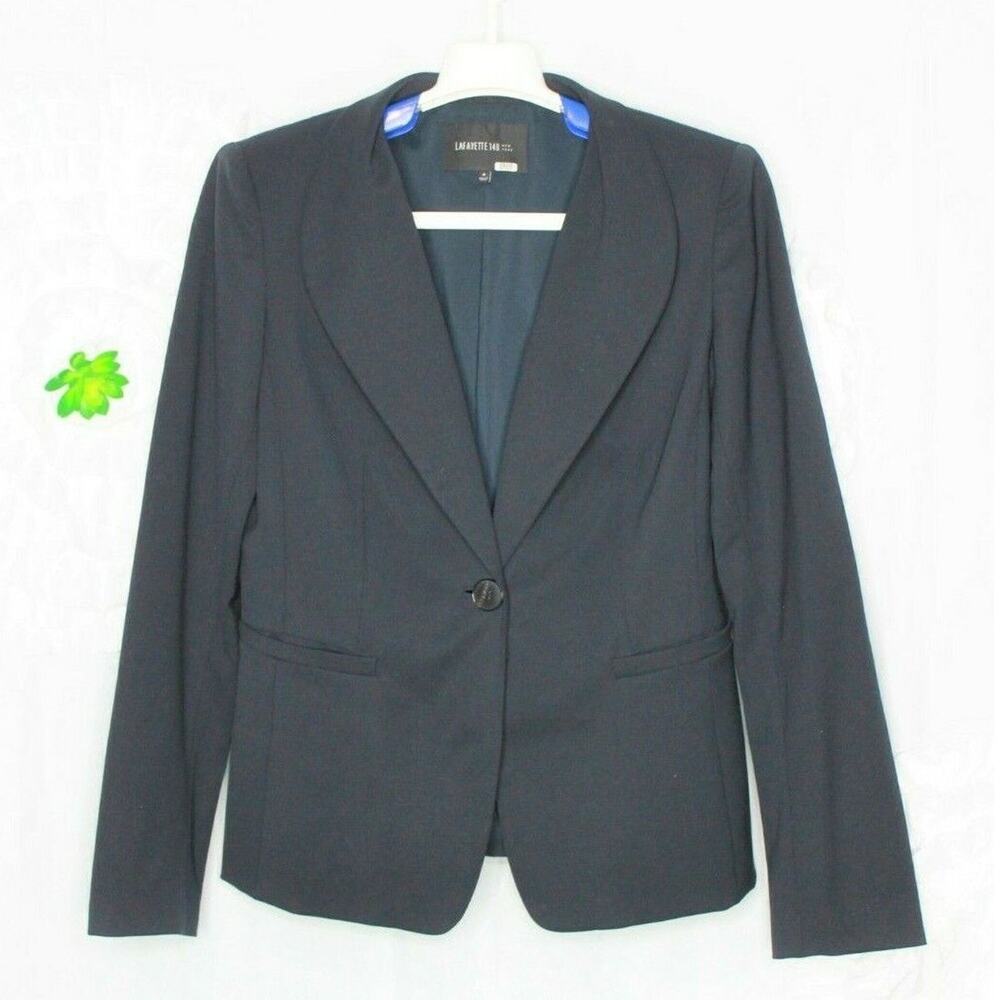 Lafayette 148 New York Virgin Wool Blend Shawl Collar Blazer Jacket Blue Size 4